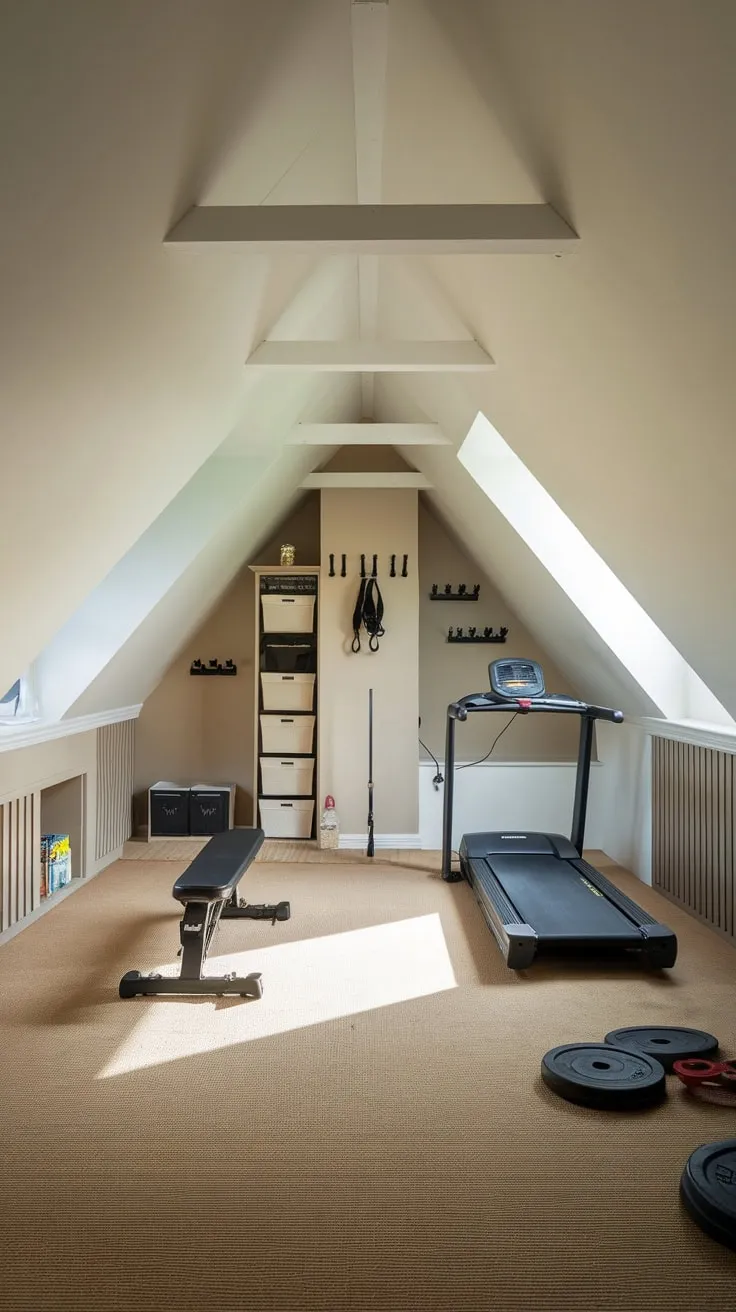 You ascend into your attic gym, a sanctuary of calm where neutral hues meet meticulously arranged equipment, instantly converting a once-ordinary space into a tranquil escape for your body and mind.