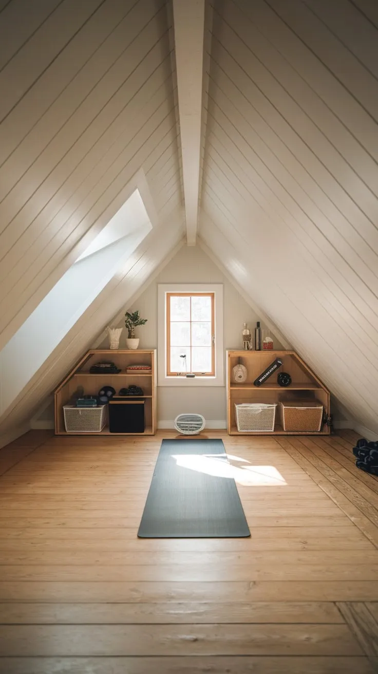 This well designed attic gym perfectly blends functionality and tranquility, making it an ideal space for mindful workouts and relaxation.