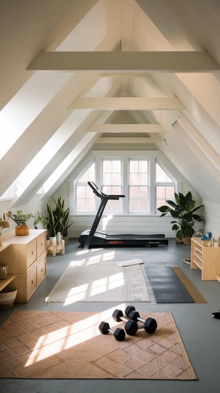 The attic gym, a testament to clever design, wraps you in a cocoon of comfort and practicality, inviting you to unleash your inner athlete or unwind with restorative yoga amidst its calming atmosphere.