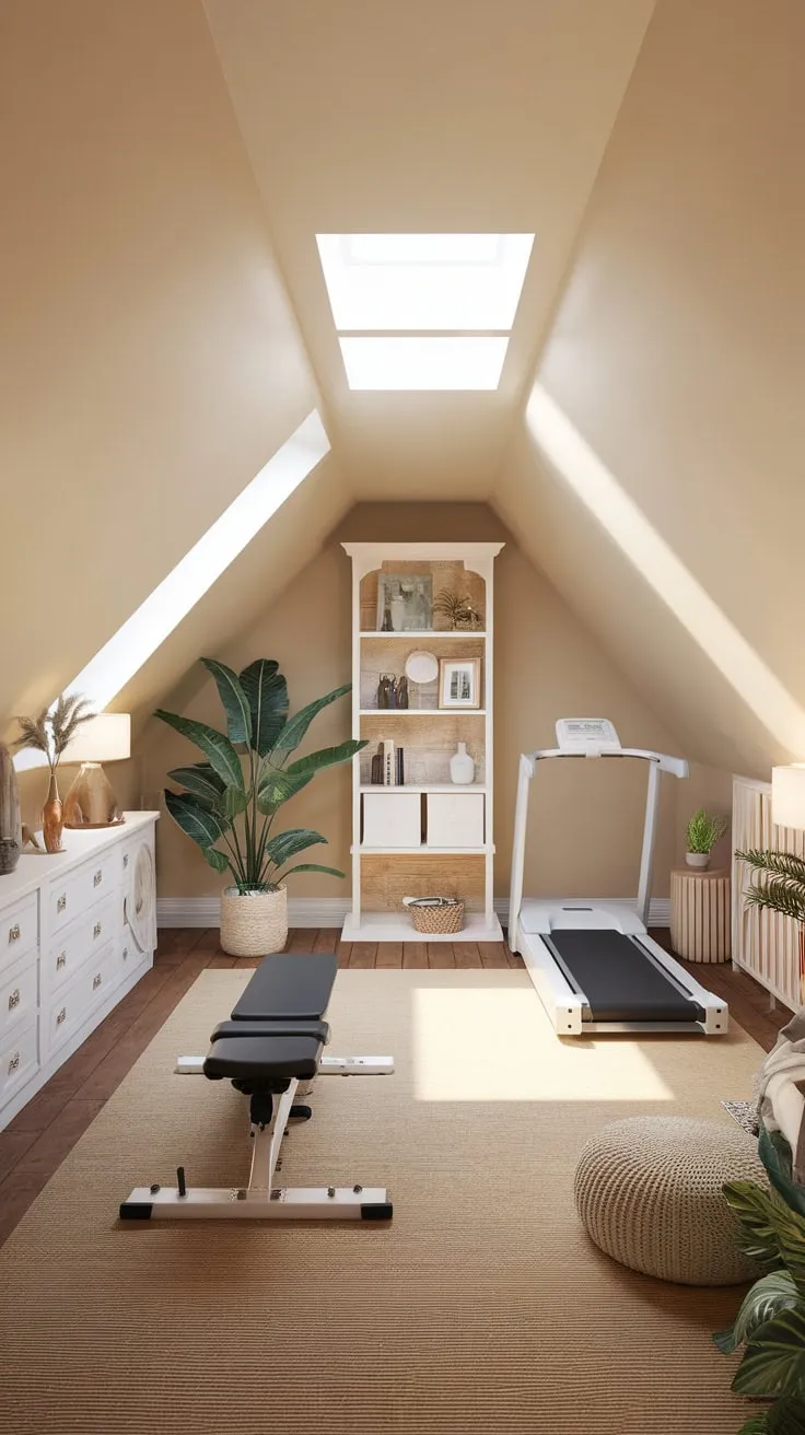 Step into your attic gym, a haven where thoughtful design marries functionality with comfort, transforming the once-forgotten space into an inviting sanctuary that fuels both your fitness goals and your moments of serene relaxation.