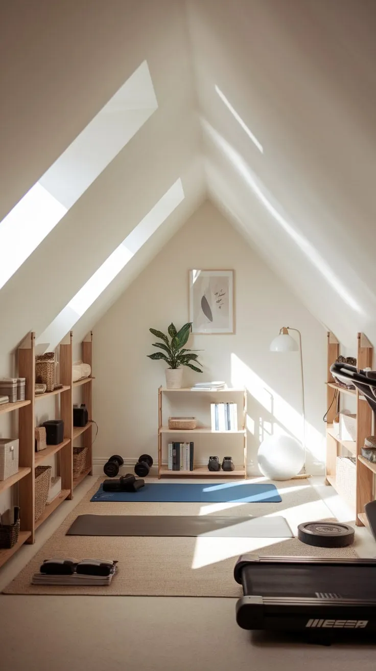 Ascend to your attic sanctuary, a fitness haven bathed in light and impeccably organized. Here, the air hums with possibility, beckoning you to sculpt your strength and find your focus amidst an atmosphere of refined elegance, where every element is designed to amplify your workout.