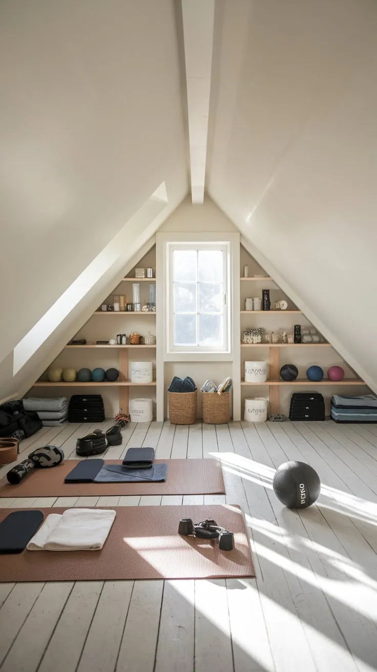 Ascend to your private attic sanctuary, where the hushed, neutral palette and meticulously organized equipment conspire to create the ideal space for deeply focused workouts.