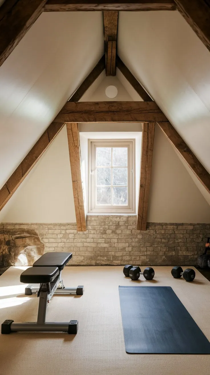 Imagine this: sunlight streams through the dormer windows of your attic gym, illuminating the raw beauty of reclaimed wood alongside state-of-the-art fitness gear, crafting a sanctuary where you can push your limits and find your center.