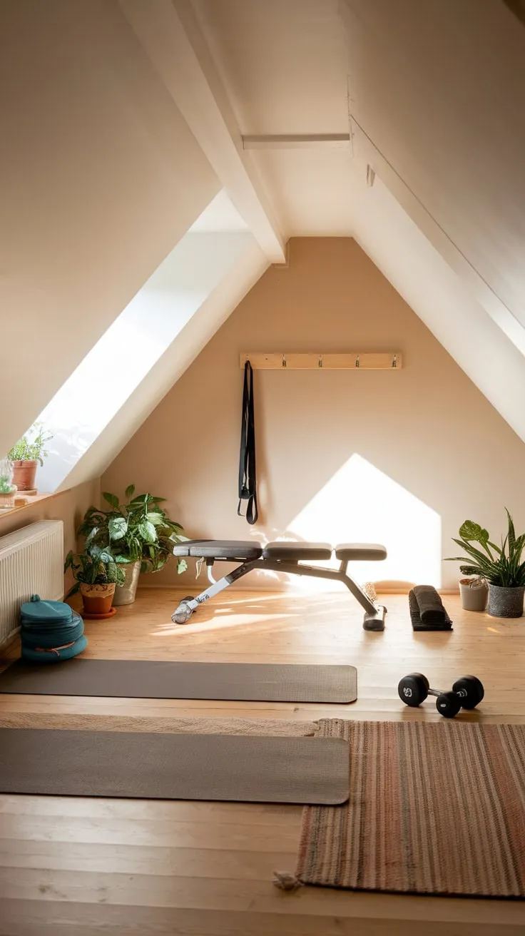 Step into your attic gym, where neutral hues whisper calm and an inviting layout beckons. Here, the mundane melts away, replaced by a serene sanctuary dedicated to sculpting both your physique and your inner peace.