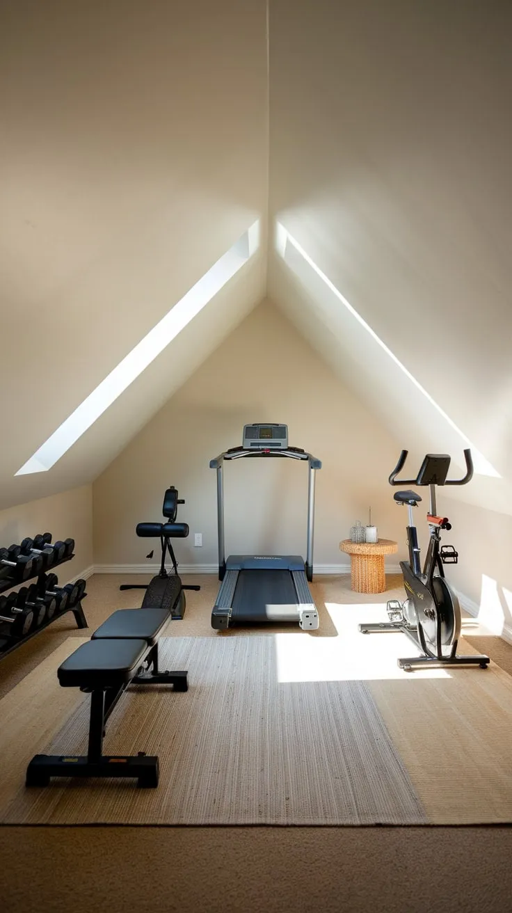 Step into your attic gym, a sanctuary carved from forgotten space, where the carefully considered design and calming palette conspire to sharpen your focus and soothe your soul.