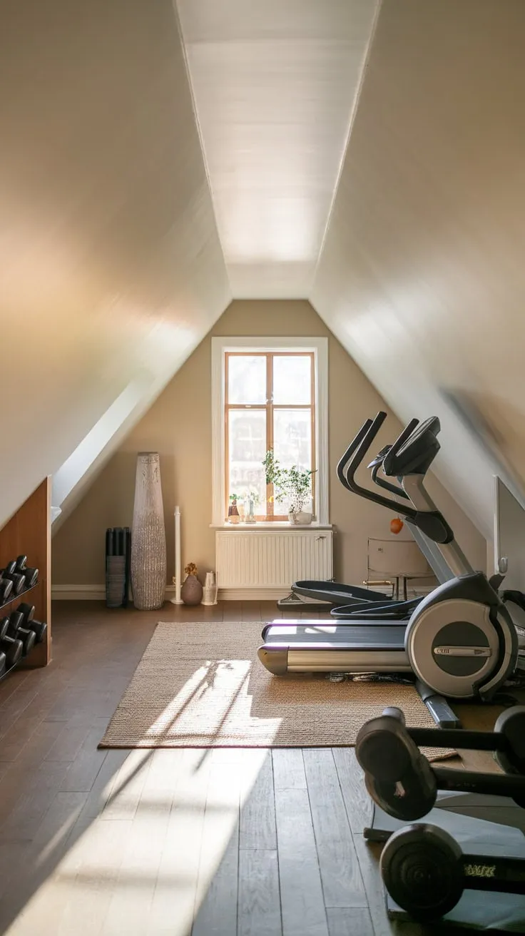 This attic gym, with its warm wooden floors and neatly arranged equipment, offers a serene and inviting space for a focused workout.