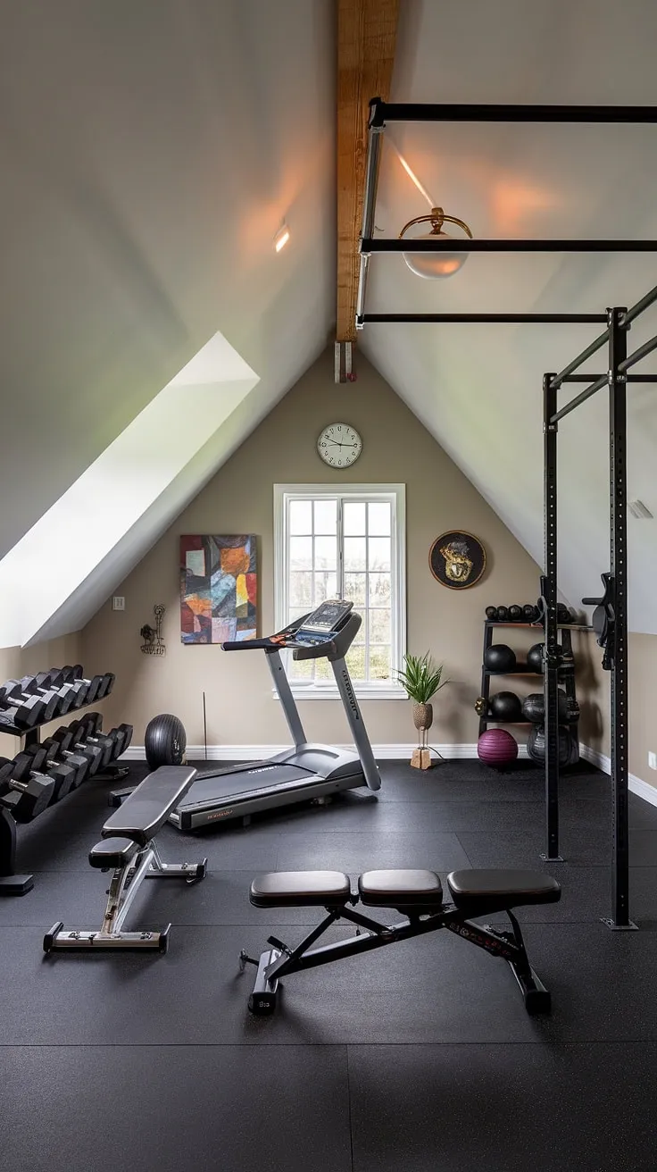 Maximize your space and your fitness goals with this inspiring home gym attic.  Clever design turns this small attic room into a functional and stylish workout haven.  See how this small attic room ideas brings a modern home gym to life, even in a limited space.