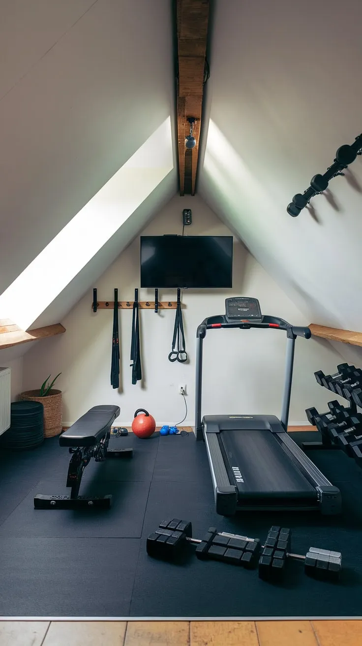 This converted attic space proves that even a small attic room can become a functional and stylish modern home gym.  The sloping roof adds character, while the rubber flooring and thoughtful storage solutions maximize the limited space.  Perfect small attic room ideas for fitness enthusiasts!