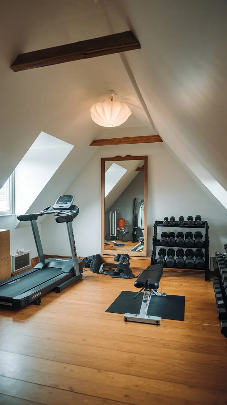 Maximize your workout space! This converted attic space proves that even a small attic room can house a fully functional modern home gym.  Clever design transforms this home gym attic into a haven for fitness enthusiasts, showcasing inspiring small attic room ideas.