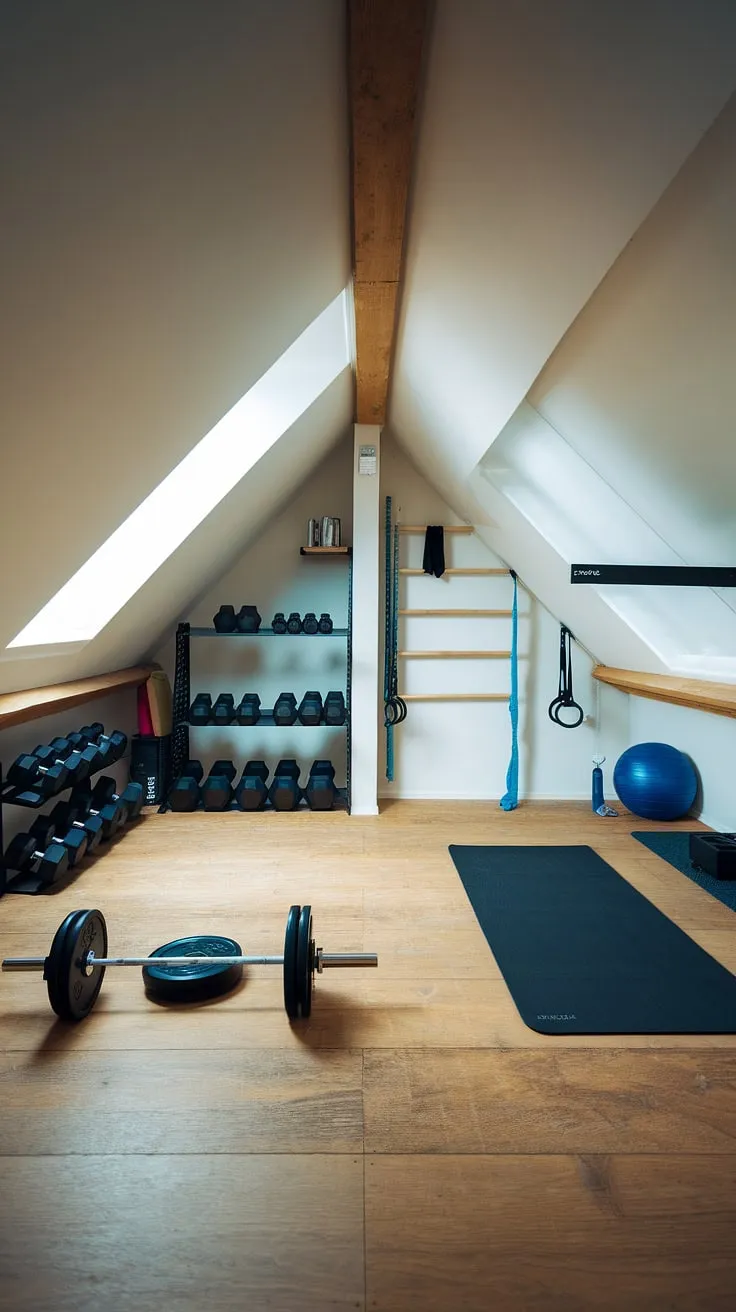 Maximize your workout and minimize your space. This converted attic space proves that a modern home gym can thrive even in a small attic room.  Clever storage solutions and natural light make this attic gym a surprisingly spacious and inspiring workout haven.