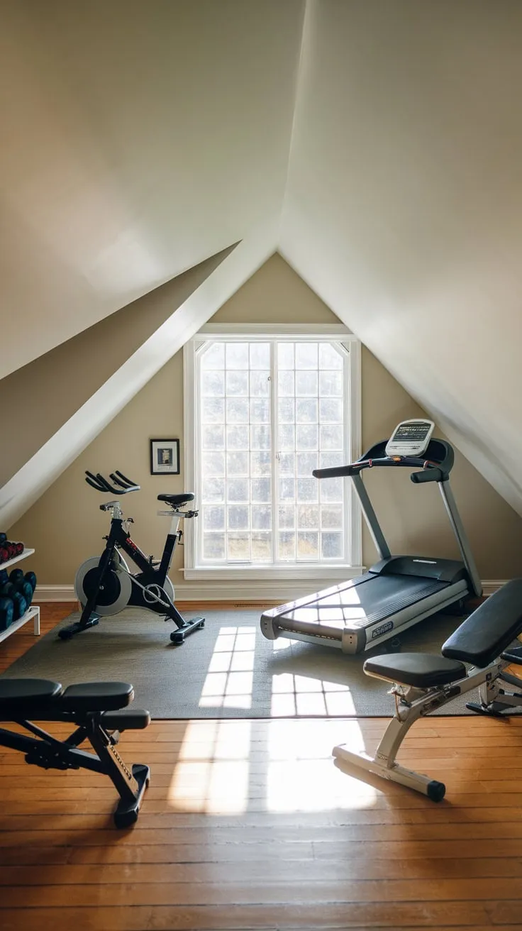 Transform your attic into a fitness sanctuary where sculpted workouts meet rustic charm, a space designed to ignite your motivation and elevate your routine amidst exposed beams and sun-drenched dormers.