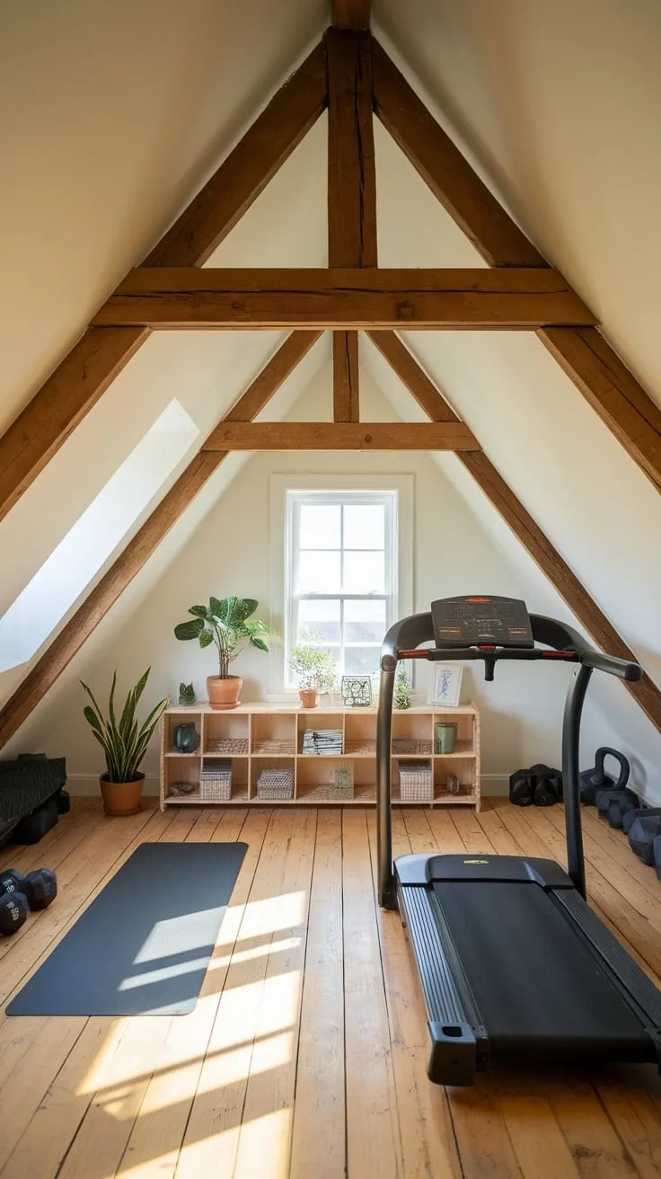 Step into your attic gym, a haven where sweat and serenity intertwine. The space, meticulously crafted, invites you to push your limits with invigorating workouts, then seamlessly transition into the calming embrace of a restorative yoga flow.