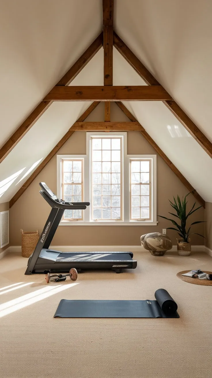 Step into your attic gym, a haven where thoughtful design marries comfort and function, beckoning you to push your limits in invigorating workouts or find serenity in tranquil yoga flows.