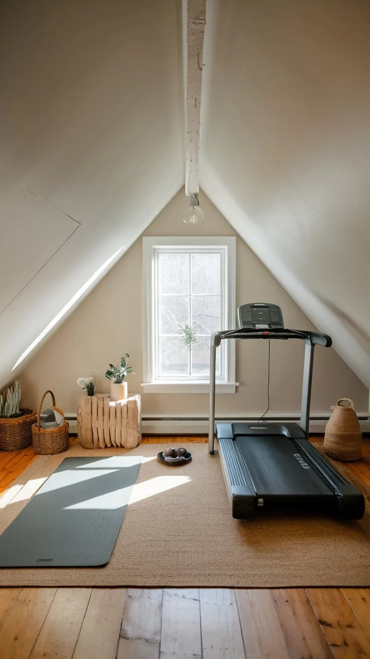 Step into your attic gym, a haven where thoughtful design marries comfort and function, transforming it into the perfect sanctuary for both heart-pounding workouts and serene yoga flows.