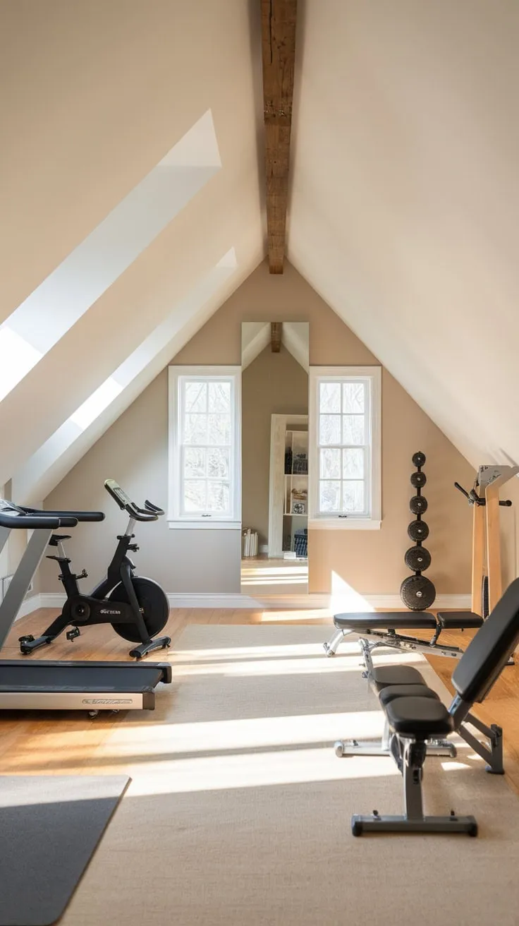 Step into your attic gym, a space where thoughtful design marries functionality with undeniable style, transforming the once-forgotten area into an inspiring haven that fuels your motivation and elevates your fitness journey.
