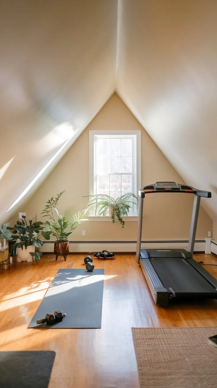 Step into your attic gym, where the burn of a good workout melts into serene calm, creating a sanctuary where you can sculpt your body and soothe your soul.