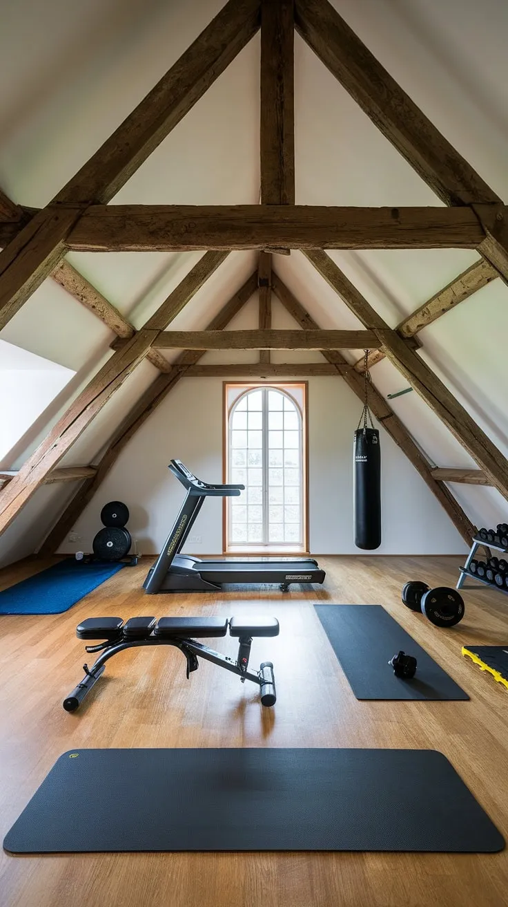 This converted attic space proves that a small attic room can be transformed into the ultimate modern home gym.  Exposed beams and a sloped ceiling add rustic charm to this functional home gym attic, maximizing every inch of this small attic room.  Perfect small attic room ideas for fitness enthusiasts.