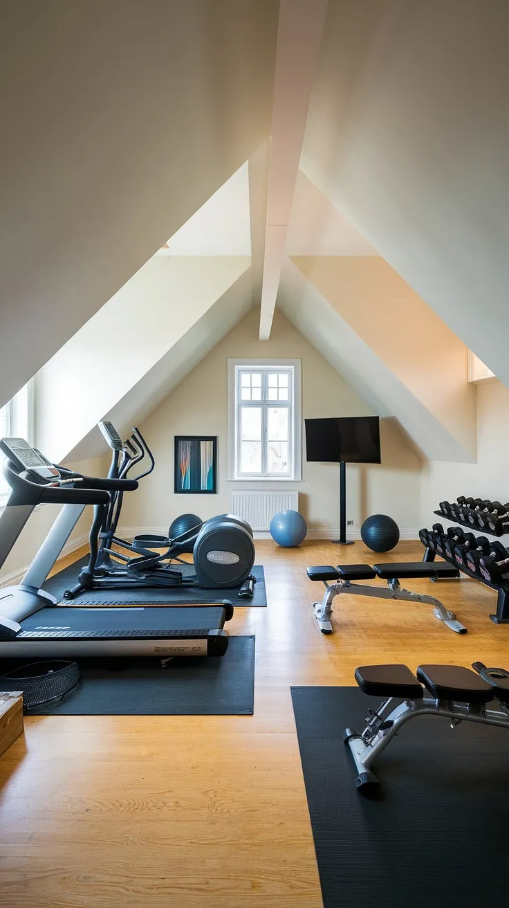 From forgotten attic to functional fitness haven! This small attic room, now a fully equipped modern home gym, showcases how creative small attic room ideas can turn unused space into a personal wellness sanctuary.  This attic gym is proof that size isn't everything.