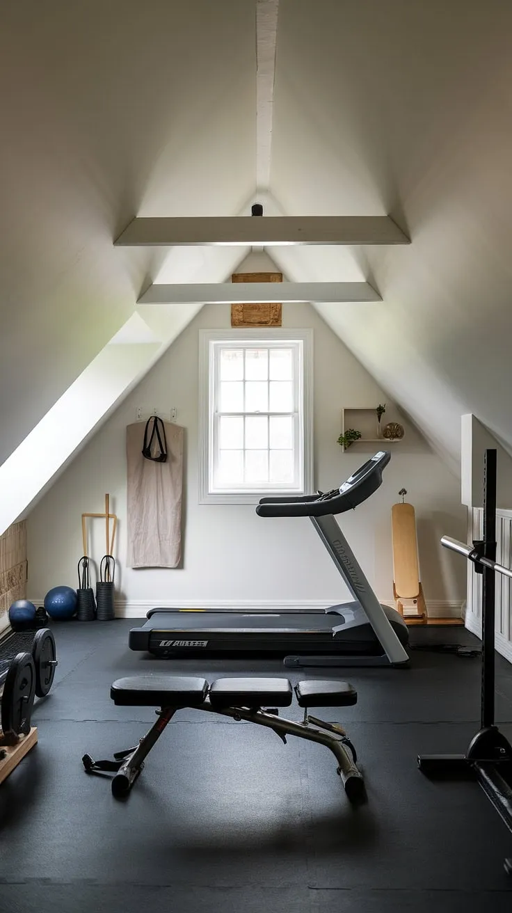 Maximize your space, not your workout. This converted attic space proves that a small attic room can be transformed into a stunning modern home gym.  Clever design maximizes every inch of this home gym attic, proving that even a small attic room ideas can yield incredible results.