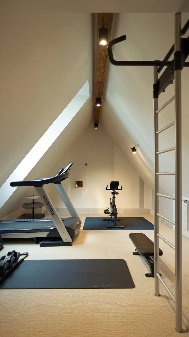 Maximize your space and fitness goals with this small attic room ideas inspiration.  This attic gym, nestled in a converted attic space, showcases how a small attic room can be transformed into a stylish and efficient modern home gym. The thoughtful layout makes the most of every inch.