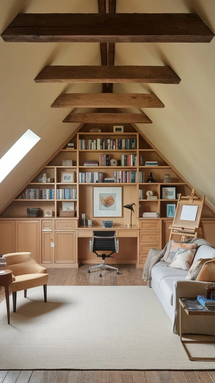 This renovated attic boasts a stunning transformation into a multi-functional space. The warm-hued walls perfectly complement the exposed wooden beams, creating a cozy atmosphere. A large attic bookshelf overflows with books and decorative items, while a comfortable attic sitting room with a sofa invites relaxation. A dedicated attic workspace, complete with a desk and chair, sits alongside an inspiring attic studio featuring an easel and art supplies, showcasing the clever attic design.