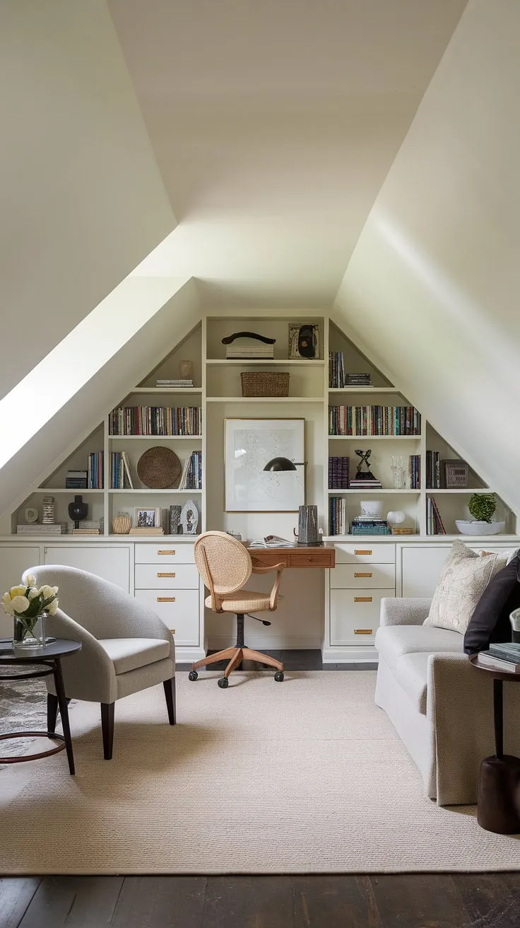 A dreamy attic studio awaits! This renovated attic showcases exceptional attic design, seamlessly blending a functional attic workspace with a cozy attic sitting room. The custom-built attic bookshelf adds character, while the carefully chosen rug and soft lighting create a welcoming atmosphere. This attic office is the perfect blend of productivity and relaxation.