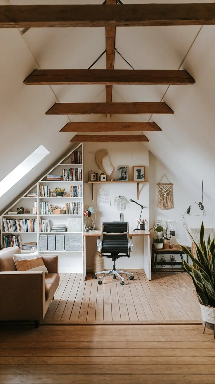 A dream attic workspace awaits! This renovated attic showcases exceptional attic design, seamlessly blending a practical attic office with a relaxing attic sitting room. The attic bookshelf adds character, while the exposed wooden beams and warm wood flooring create a unique atmosphere. This attic studio is the perfect blend of functionality and style, proving that even the most unconventional spaces can be transformed into inspiring work environments.