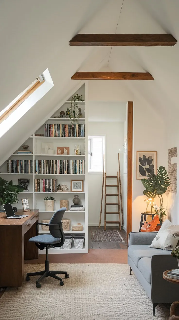 This renovated attic boasts a stunning transformation into a versatile attic workspace, seamlessly blending an attic office, attic studio, and cozy attic sitting room. The clever attic design maximizes space, showcasing an impressive attic bookshelf alongside a comfortable seating area and a dedicated workspace complete with laptop and plant. Natural light floods the room through the skylight, highlighting the exposed wood beams.