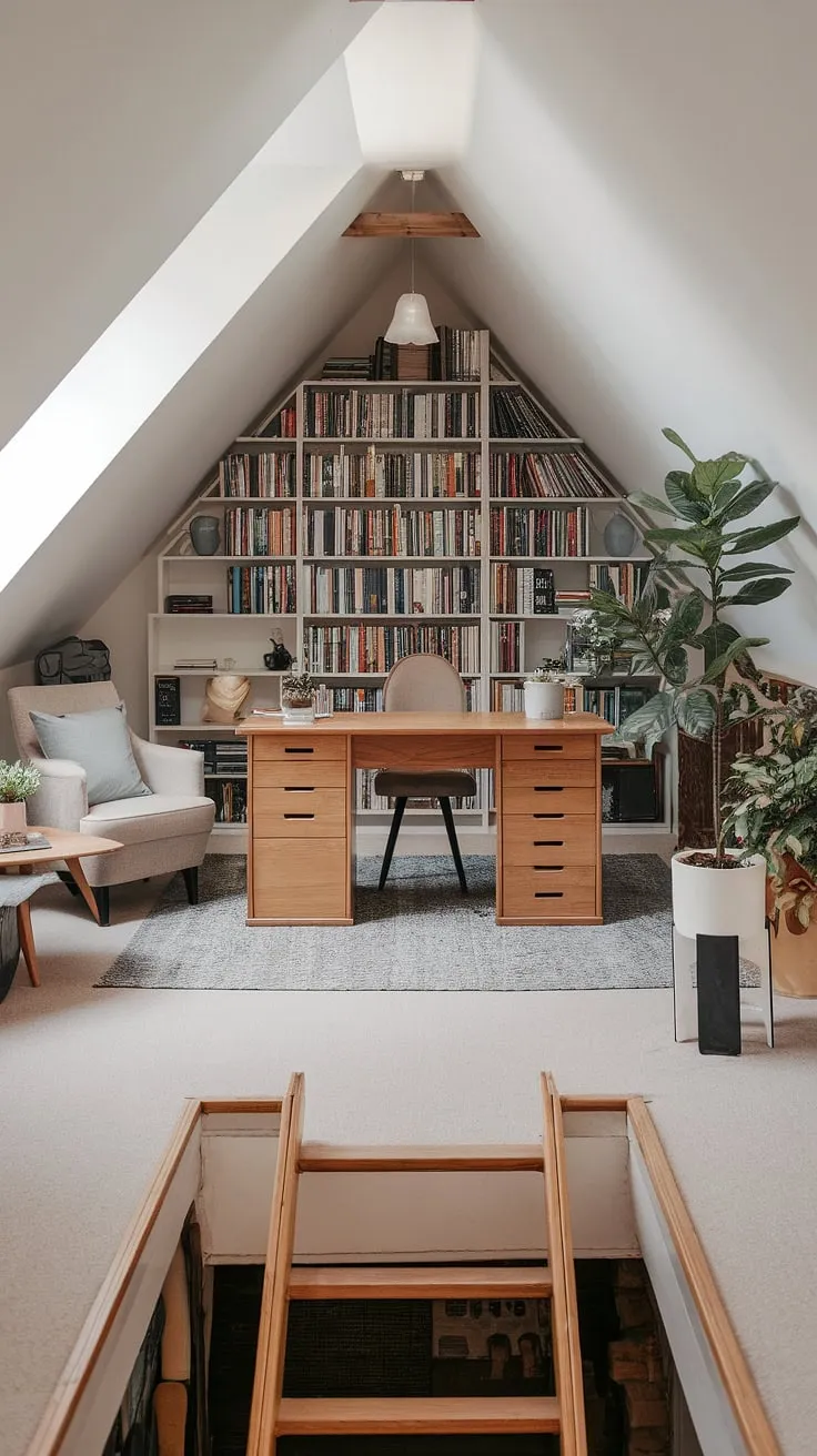 From forgotten attic to inspiring attic workspace: this renovated attic boasts a cozy attic office, complete with an attic bookshelf, a charming attic sitting room, and a dedicated attic studio.