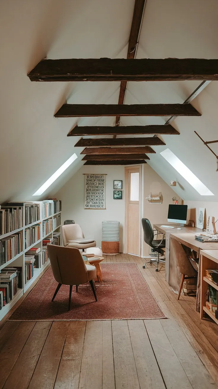 From forgotten attic to inspiring attic workspace: this renovated attic boasts a cozy sitting area, a well-stocked attic bookshelf, and a productive attic office, all within a stunning attic design. This attic studio is the perfect blend of comfort and creativity.