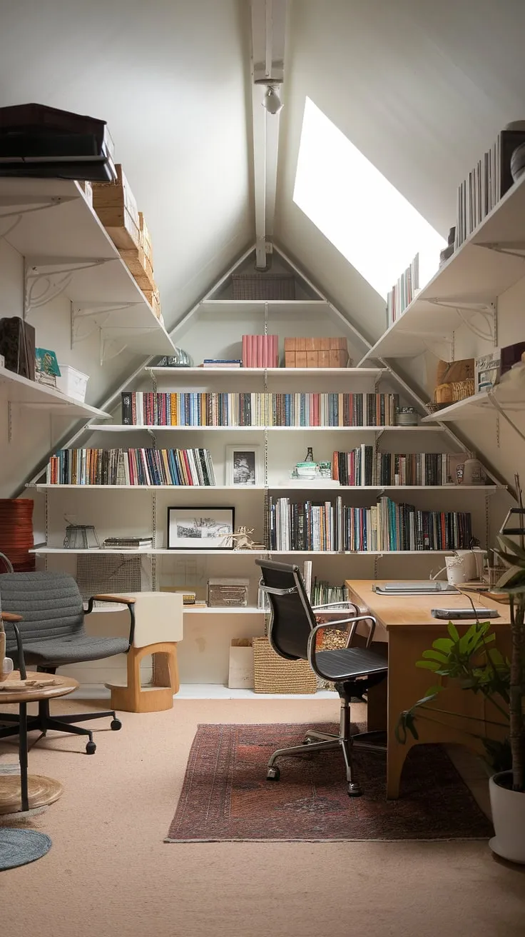 Transforming unused space into a dream: this attic design showcases a stunning attic home office, complete with an attic bookshelf, comfortable attic sitting room, and creative attic studio—all within a beautifully renovated attic.