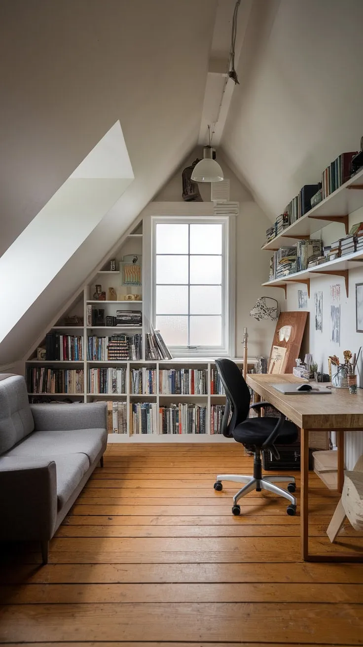 This attic studio is the perfect blend of comfort and productivity. The renovated attic features a charming attic sitting room, a well-equipped attic office, and a stunning attic bookshelf, showcasing the potential of attic design.