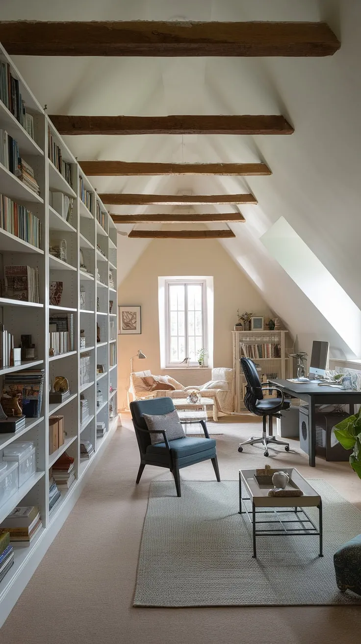 Sunlight streams into this renovated attic, transforming it into a versatile attic workspace, attic studio, and cozy attic sitting room. The custom attic bookshelf overflows with books and treasures, complementing the thoughtfully designed attic office area with its comfortable desk and chair. A relaxing seating area completes this stunning attic design.