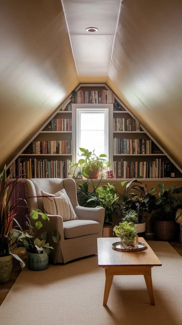 This charming attic sitting room is a testament to clever attic design. The renovated attic space boasts a comfortable armchair surrounded by greenery, making it a perfect attic workspace or quiet attic office. A large attic bookshelf near the ceiling adds character, while the natural light filtering from a small window completes the serene atmosphere. This versatile attic studio is a delightful blend of functionality and style.