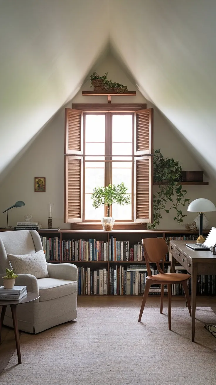 Sunlight streams through the wooden shutters of this renovated attic, illuminating a cozy attic sitting room and functional attic workspace. The attic design cleverly combines a comfortable armchair and small table with a dedicated desk area, complete with laptop and wooden chair, all overlooking the view. An attic bookshelf overflows with books, adding to the charm of this attic studio, a testament to creative attic design. A small green plant adds a touch of life to the space.