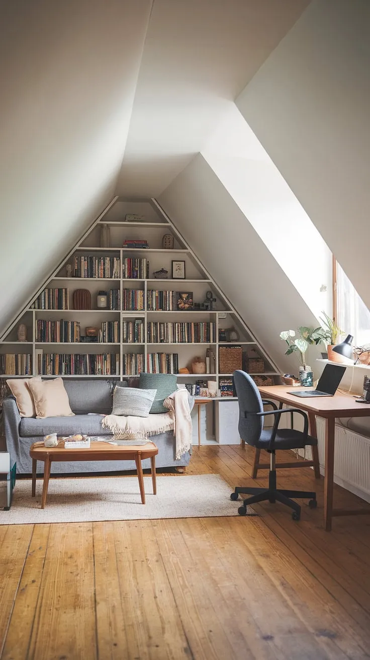 My dream attic office is finally a reality! This renovated attic boasts an inspiring attic bookshelf, a comfortable attic sitting room, and a dedicated workspace. The attic design is everything I hoped for – a functional and beautiful attic studio.