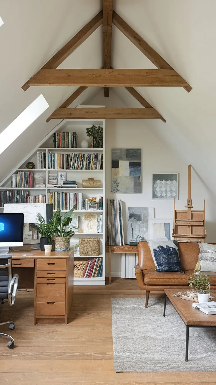 This renovated attic is the ultimate attic home office. The attic design maximizes space, creating a functional attic workspace, relaxing attic sitting room, and inspiring attic studio, all under the charming sloped ceiling. The custom attic bookshelf is the perfect finishing touch.