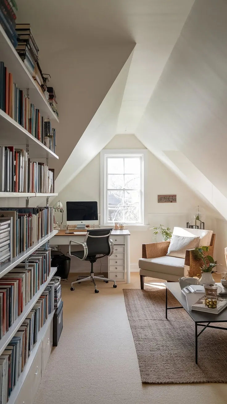 A dreamy attic studio awaits! This renovated attic features a functional attic workspace complete with a computer desk and an impressive attic bookshelf. The clever attic design seamlessly integrates a comfortable attic sitting room with a sofa and chair, creating the perfect blend of work and relaxation. The bright, airy space, thanks to the large window, makes this attic office a truly inspiring place to be.