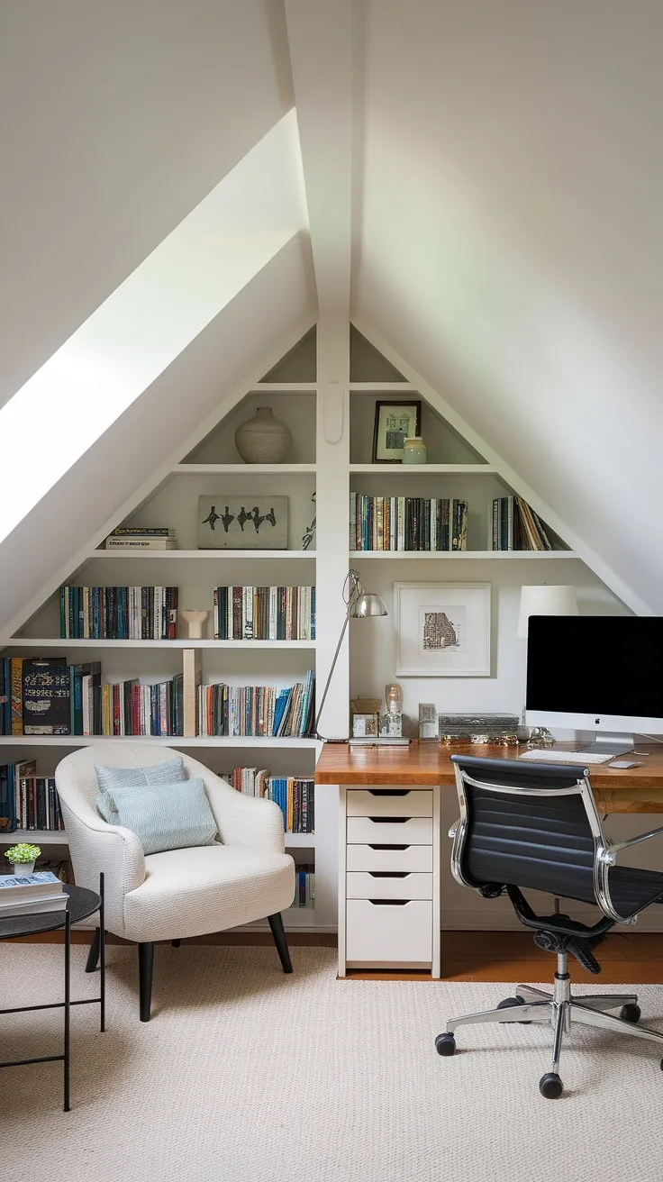 This stunning renovated attic showcases a brilliant attic design. The white walls and skylight create a bright and airy attic office, while the built-in attic bookshelf adds both storage and style. A comfortable attic sitting room area provides a welcome respite, making this attic studio the ultimate blend of work and relaxation. The transformation of this space is a testament to clever attic design and functionality.