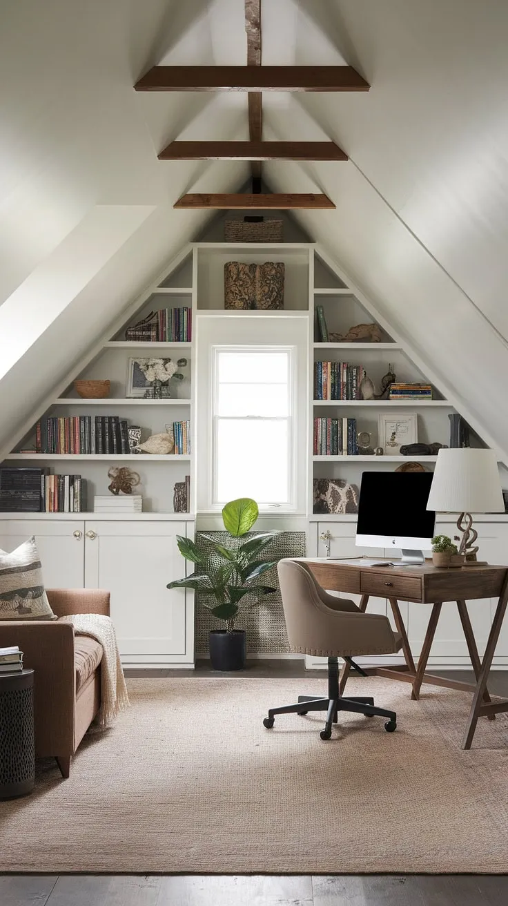 From forgotten attic to inspiring attic studio, this renovated attic is a testament to creative attic design. The attic workspace is both functional and stylish, with a dedicated desk area and comfortable seating. An attic bookshelf provides ample storage, while the attic sitting room offers a relaxing retreat. The sloped ceiling and exposed beams add architectural interest, making this attic office a truly unique and productive space. The thoughtful use of rugs and lighting completes the transformation of this once-underutilized attic.