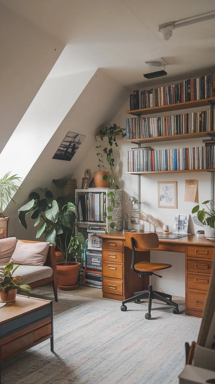 This attic design transformed a neglected space into a stunning attic home office. The renovated attic now features a functional workspace, an inviting attic sitting room, and an impressive attic bookshelf – the ultimate attic studio.