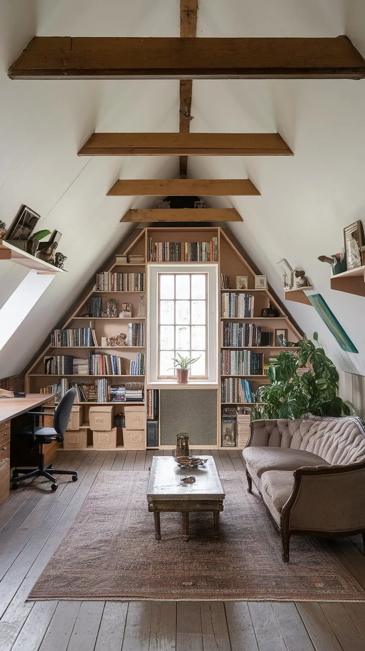 Sunlight streams into this renovated attic, illuminating a cozy attic sitting room complete with a vintage sofa and coffee table, a productive attic workspace featuring a desk and chair, and a well-stocked attic bookshelf brimming with books and decorative items. The clever attic design maximizes space, creating a charming attic studio perfect for work and relaxation. Exposed wooden beams add character to this stunning attic office.