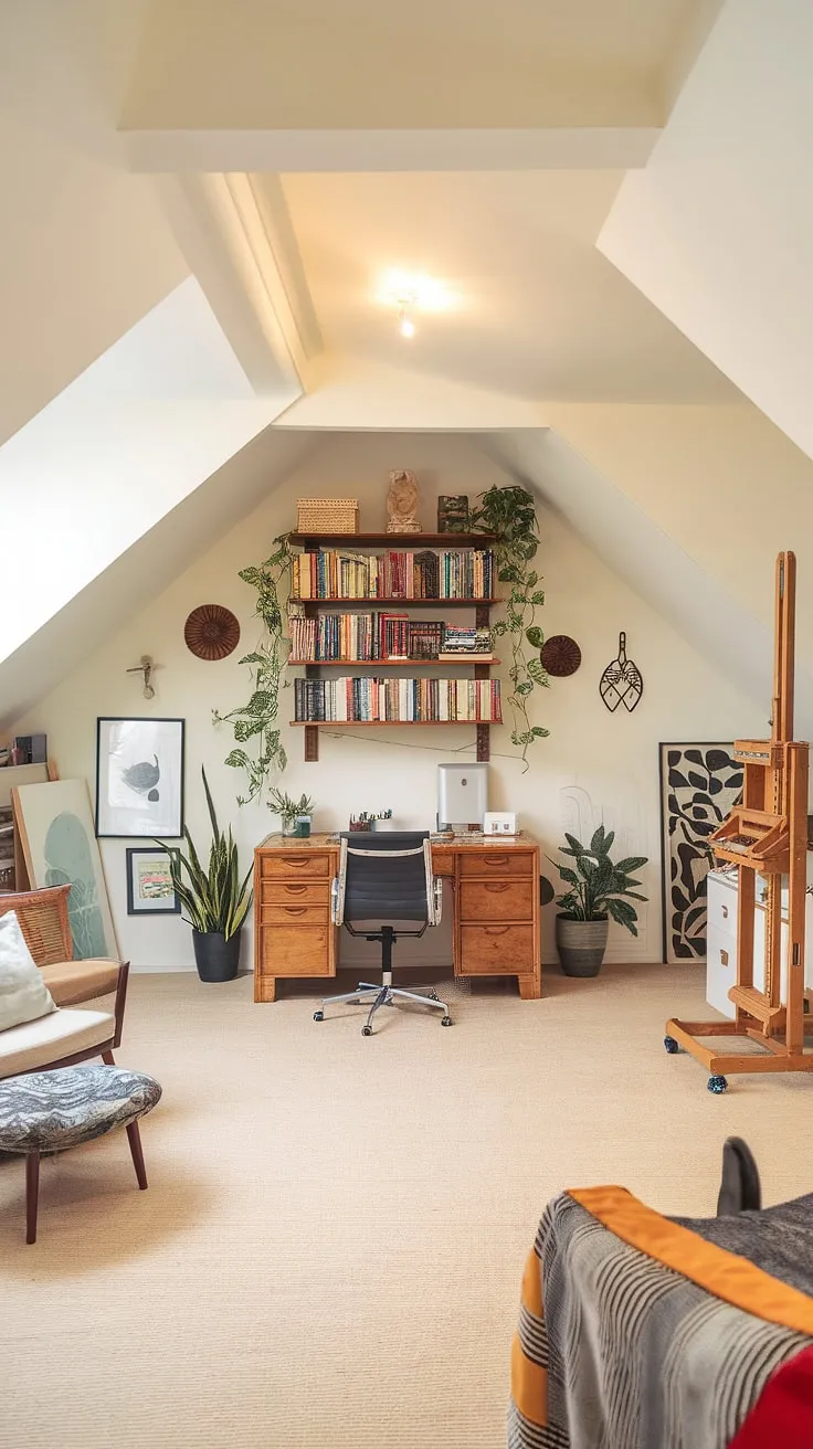 Sunlight streams into this renovated attic, transforming it into a multi-functional haven. The attic workspace, complete with a wooden desk and well-stocked attic bookshelf, seamlessly blends with a cozy attic sitting room featuring a comfortable sofa and armchair. An easel and artwork hint at the creative spirit of this attic studio, all showcasing impressive attic design.