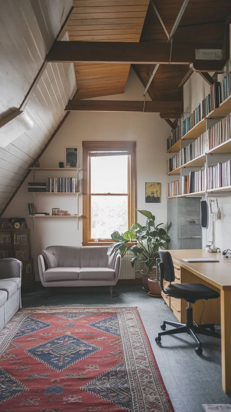 A dream attic studio realized! This renovated attic showcases clever attic design, transforming unused space into a versatile attic workspace. The attic sitting room, complete with a comfortable sofa, invites relaxation, while the dedicated desk and attic bookshelf provide the perfect environment for focused work. The charming wooden ceiling and patterned rug add to the overall appeal of this functional and stylish attic office.