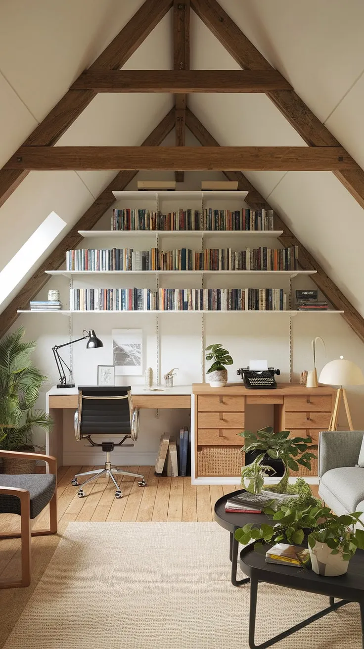 This renovated attic boasts a stunning transformation, seamlessly blending a cozy attic sitting room with a functional attic workspace. The exposed wooden beams add character, while the attic bookshelf and vintage typewriter in the attic office whisper tales of creativity. A dedicated attic studio space completes this inspiring attic design, proving that even the most unconventional spaces can become havens of productivity and relaxation.