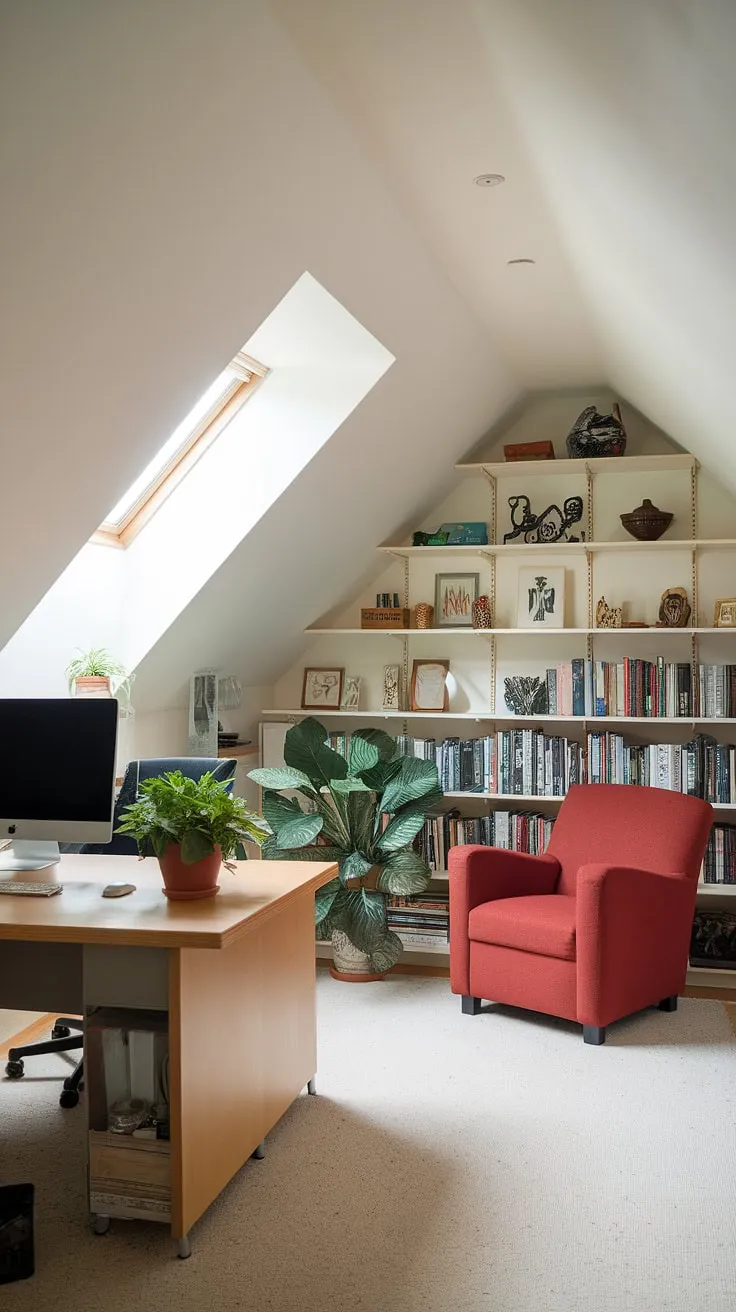 This renovated attic boasts a dreamy attic office and attic studio, perfect for work and relaxation. The attic design features a charming attic sitting room with a red armchair, a well-organized attic bookshelf overflowing with books, and a dedicated workspace with a computer and plant. Natural light floods the space through the skylight, highlighting the thoughtful details of this unique attic workspace.