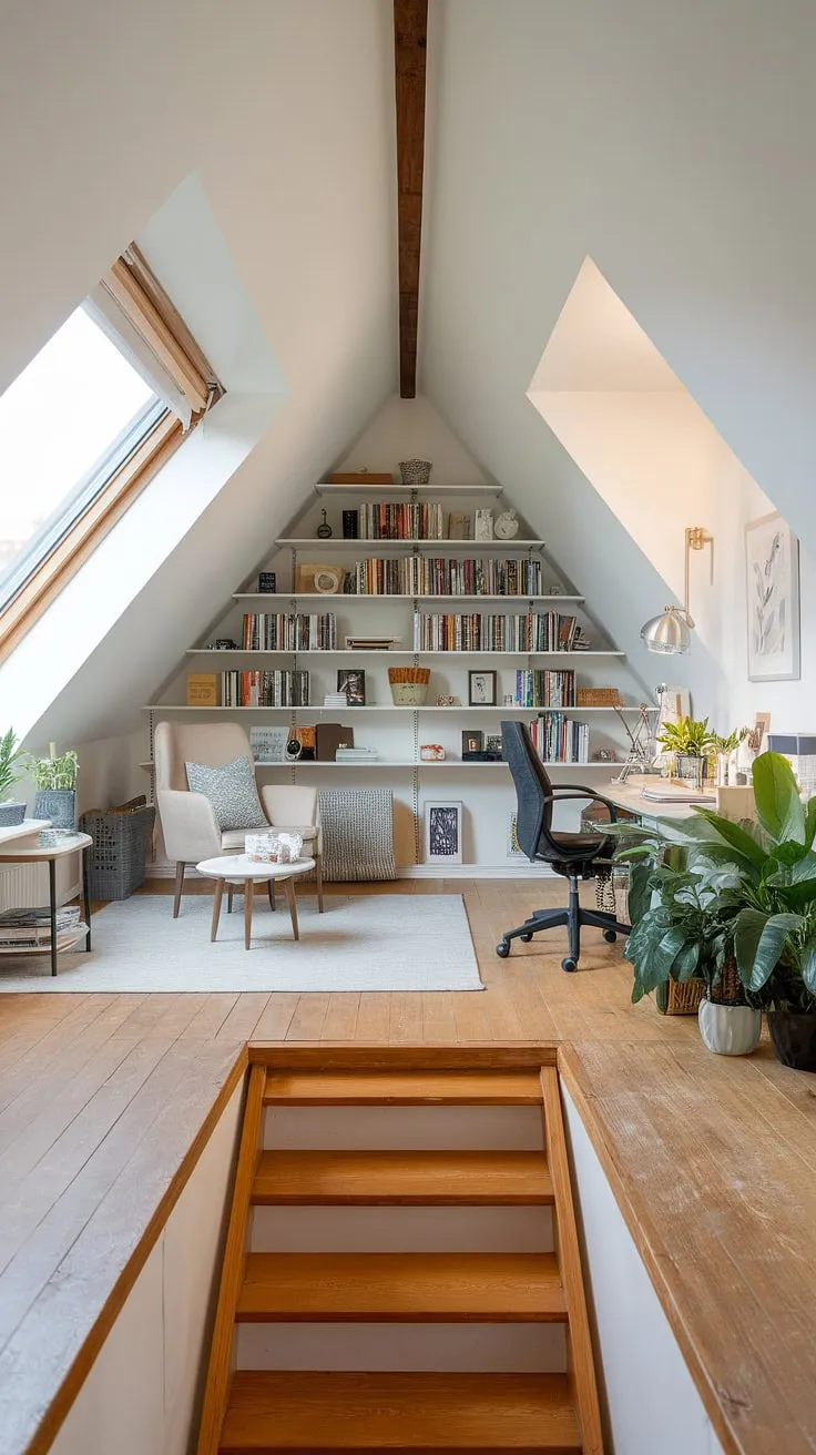 This stunning attic design showcases a masterful transformation of a forgotten space. The renovated attic now boasts a functional attic workspace, complete with a desk and plants, alongside a comfortable attic sitting room perfect for unwinding. An impressive attic bookshelf adds character, while the sloping ceilings and large windows create an airy and inspiring atmosphere. This attic office and studio is a testament to clever attic design.