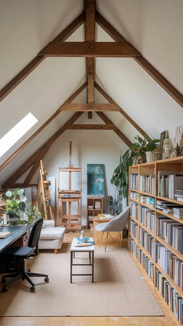 This renovated attic boasts the ultimate attic workspace: a cozy attic sitting room, a dedicated attic studio, and an inspiring attic office, all nestled under exposed beams and a skylight. The custom attic bookshelf completes this dreamy attic design.