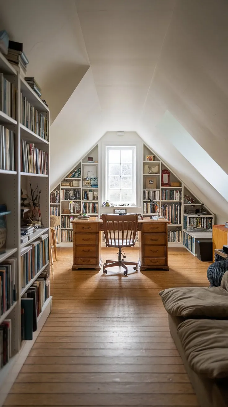 Sunlight floods this charming attic studio, showcasing the clever attic design of this renovated attic. A functional workspace featuring a wooden desk sits comfortably alongside an inviting attic sitting room, complete with a sofa. An attic bookshelf adds character, all resting on beautiful wooden floors, making this the ideal attic office and attic workspace.