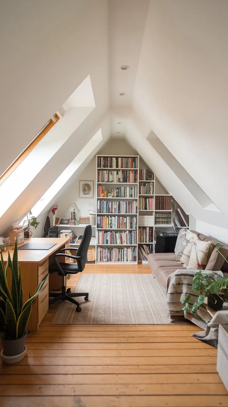 This stunning attic office showcases the possibilities of attic design. A renovated attic has been cleverly converted into a multi-functional space, featuring a practical workspace with a desk and plant, a cozy attic sitting room with a sofa, and an impressive attic bookshelf brimming with books. The natural light flooding in through the windows makes this attic studio a truly inspiring place to work and relax. The light wood flooring complements the white walls, creating a bright and airy atmosphere.